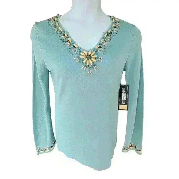 Sweaterworks V-Neck Top Size Large Teal Silk Blend Knit Beaded Long Sleeve NWT - Picture 1 of 9